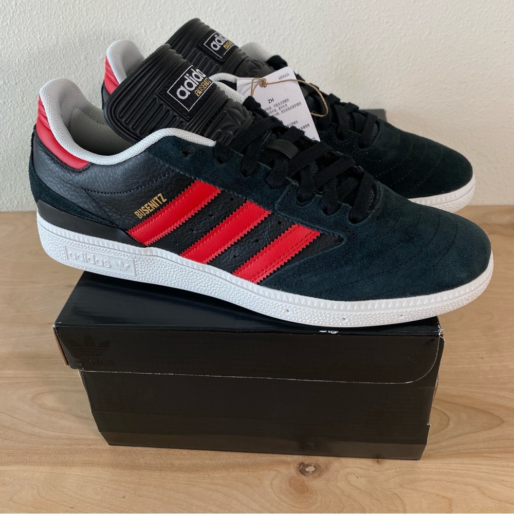 Adidas Busenits Black Pebbled Leather Red Skateboarding Shoe - Size 10